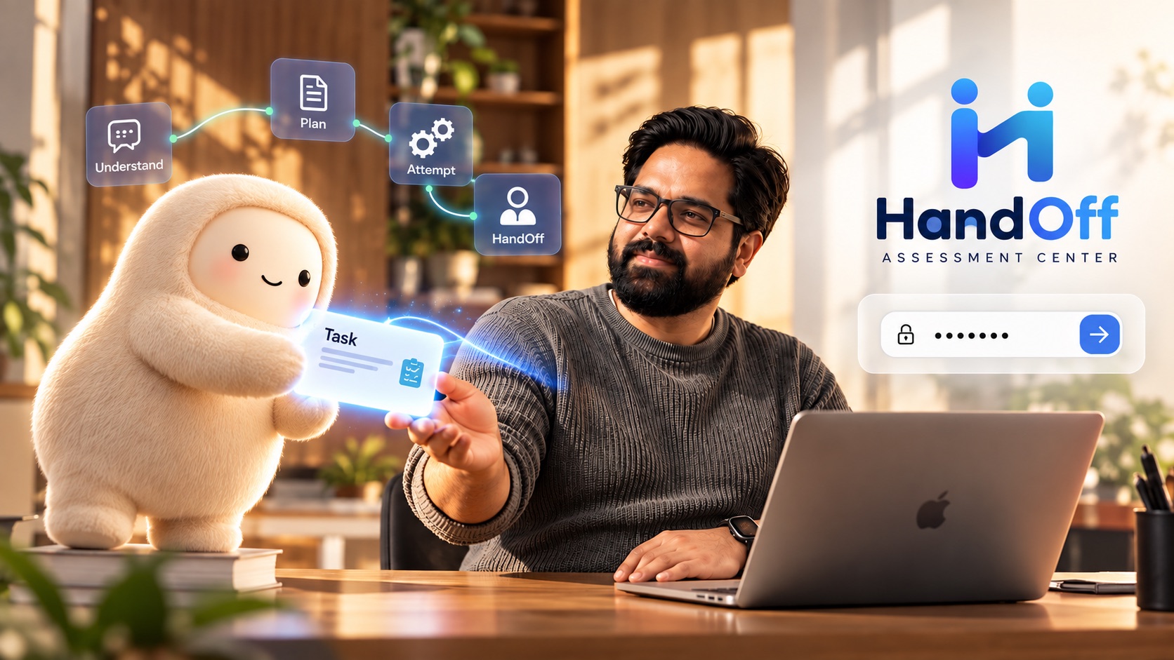 An AI assistant hands a task card to a human concierge at his desk, next to the Handoff Assessment Center sign-in.